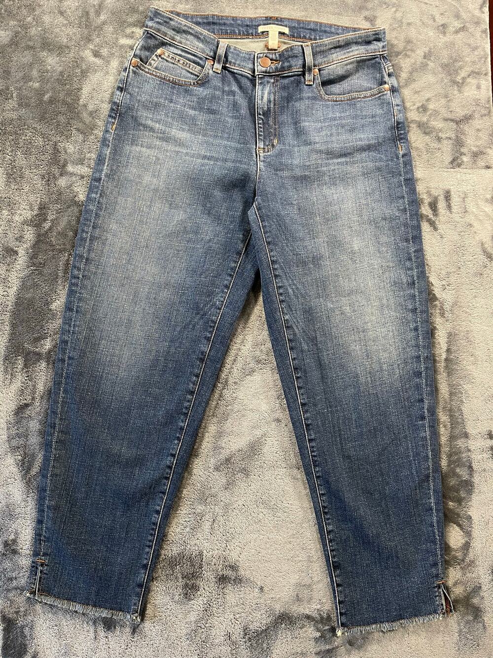 Eileen Fisher Organic Cotton Raw Hem Ankle Slit Straight Leg Jeans 8P